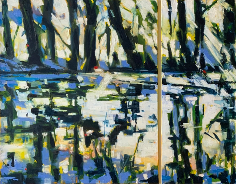 Waldsee, Öl auf Leinwand, Diptichon, 100 x 170 cm, 2024